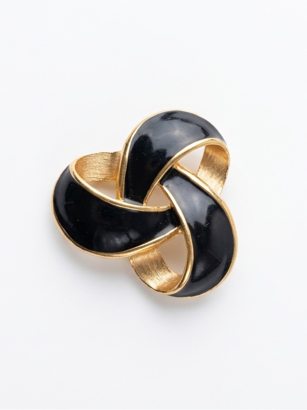 Vtg Gold Tone Black Enamel Interlocking Knot Brooch MidCentury Modern Geometric
